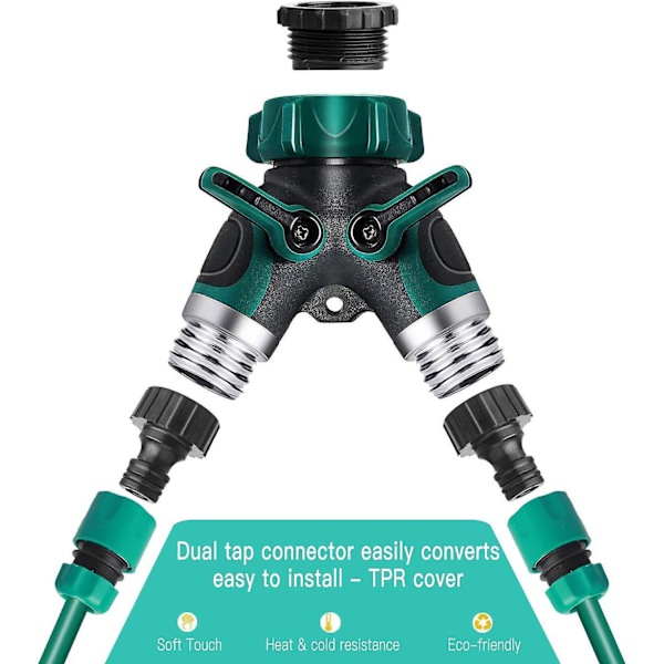 2-veis slangesplitter, hageslangesplitter, 3/4\" og 1/2\" 2-veis fordeler med 2 ventilutløp, 2-veis splitter med 3 skiver, hageslangekobling
