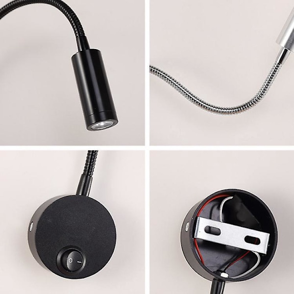 2 Sorte 3W Væglæselamper, Fleksibel Justerbar Hals Sconce Aluminium Bordlampe, Sengelampe med Kontakt LED Øjenbeskyttelse 29cm