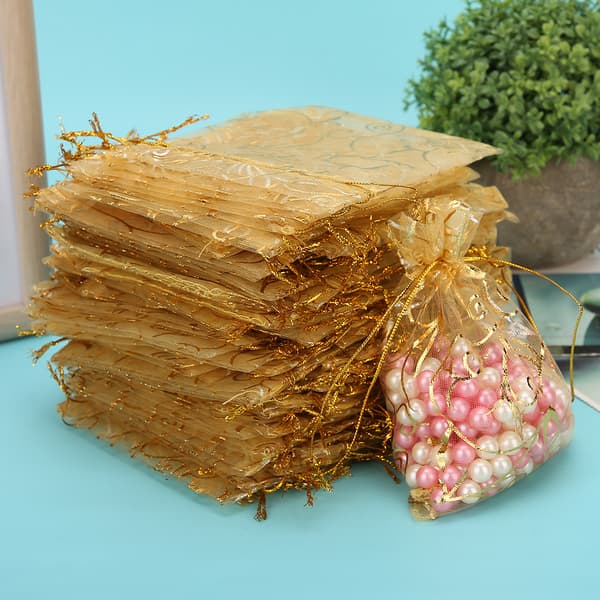 100 stk. 9 x 12 cm Organza snørepose Multifunktionel smykkepose Gaveopbevaringspose (Guld)