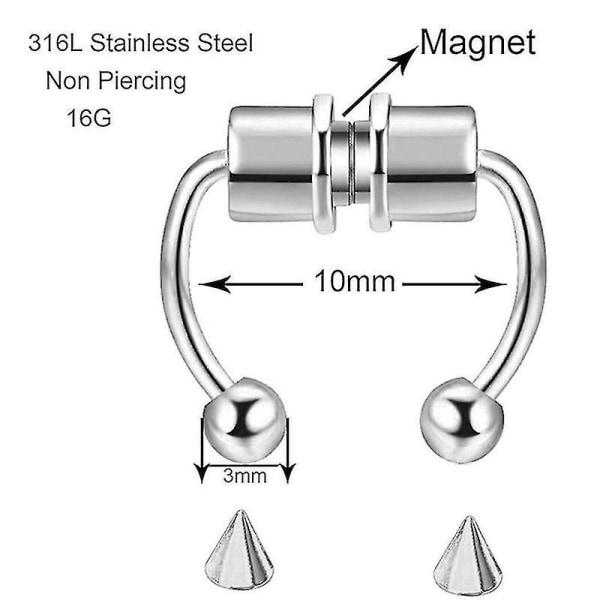 Magnetisk, icke-hålig, falsk näsring i rostfritt stål, 5 set
