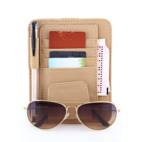 Bil Solskjerm Organizer Veske Kort Oppbevaring Brilleholder Klips Beige