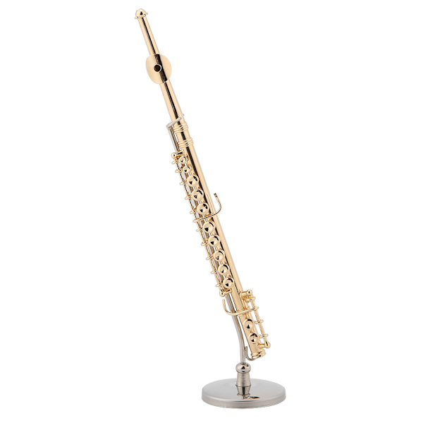 Miniatyrfløytekopi med stativ og etui Gullbelagt instrumentmodell Musikalske ornamenter