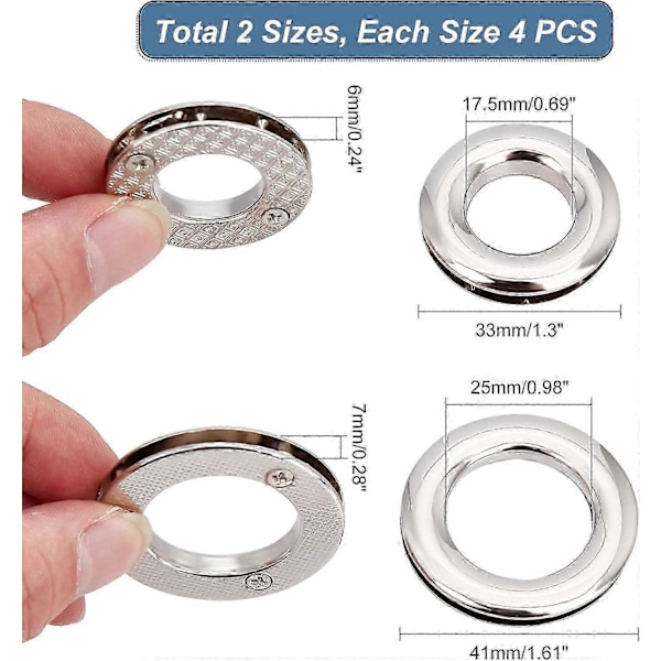 8 kpl 2 tyyliä 41mm/33mm metalliruuvirenkaat silmukat Grommet-seoslaukun silmukkakahvan liitinrenkaat litteä pinta napsautusrenkaat silmukka O-renkaat vaatteille Leat