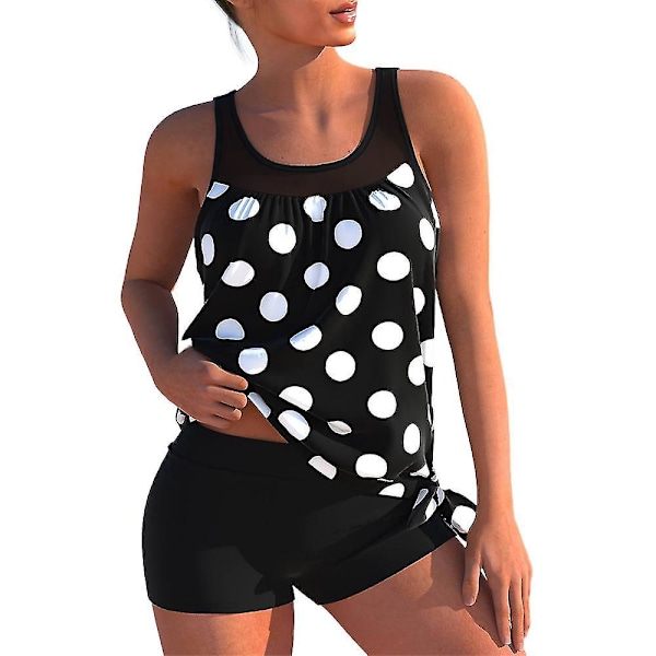 Snygg Tankini-set för kvinnor med boyshorts - Perfekt badkläder för strand och pool 2XL Svart vit prickig