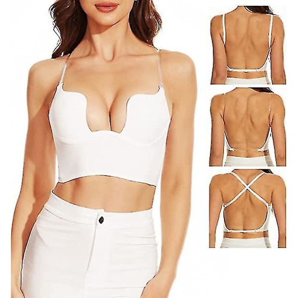 Deep U Plunge Backless Bra with Clear Straps - White, 32B