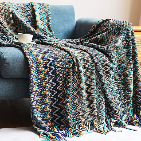 Fargerikt strikket pledd - bohemsk stil varm og koselig sofadekor - 130 cm x 220 cm