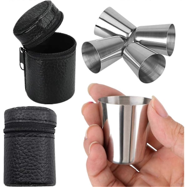 4 stk. 30 ml shotglass i rustfritt stål, uknuselige vinglass, snapsglass med 1 stk. bærbar svart skinnetui-sett