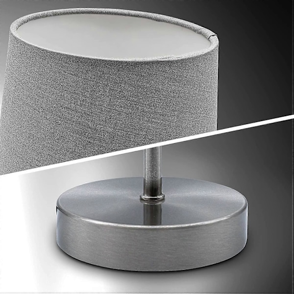Moderne design bordlampe, grått stoff, matt nikkel metallbase, for E14 LED-pære, IP20