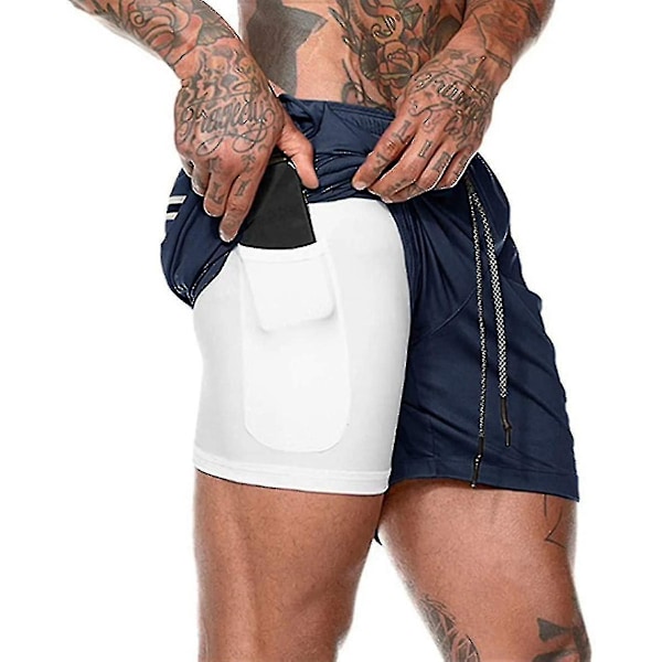 2-i-1 Løpeshorts for menn, lett og hurtigtørkende, XL, mørk blå