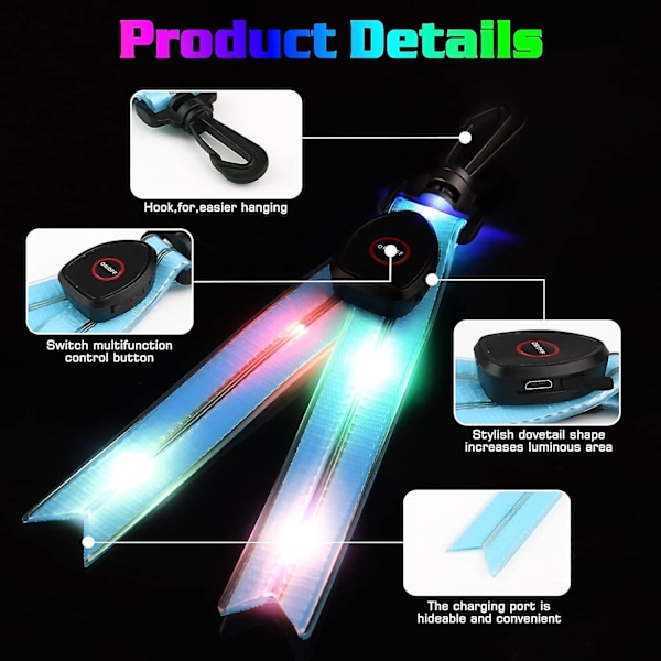 2-pack LED Blinkande Lampor för Skolväska Reflexer med Färgglatt Ljus USB Uppladdningsbar Blinkande Ljusreflex för Jogging Vandring Löpning