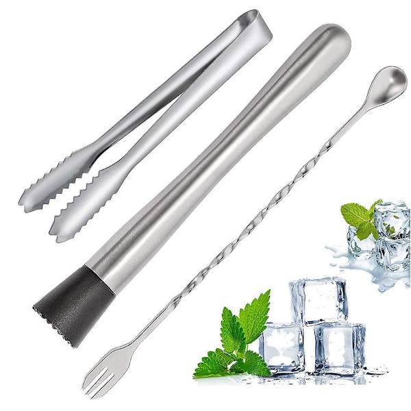 Cocktail Muddler og Blandeske Sæt i Rustfrit Stål - 10 Tommer, 3 Dele, Perfekt til Cocktails, Mojitos og Frugt Drinks