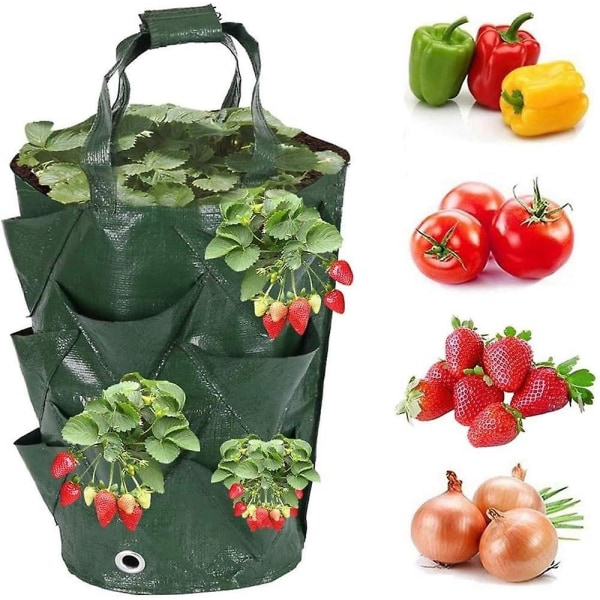 Sett med 2 grønne jordbærplanteposer med 8 hull for opphenging av hagevekst av jordbær, poteter, tomater og blomster