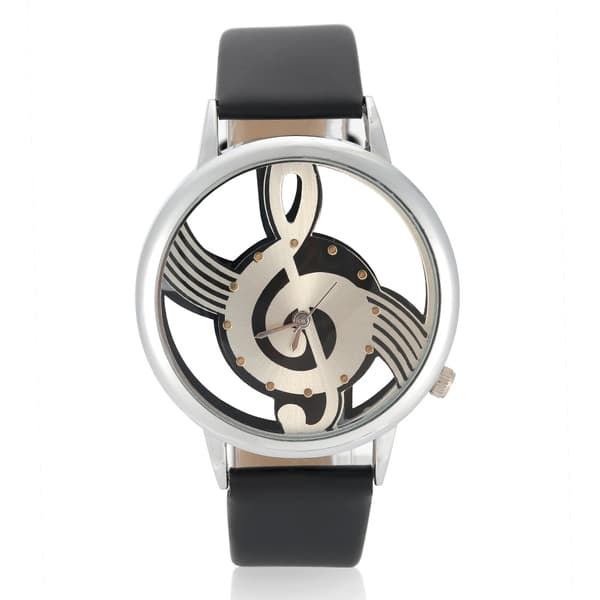 Quartz Analog Parur Runde Hul Musikalsk Note Urskive PU Rem Armbåndsur (Sort Rem)