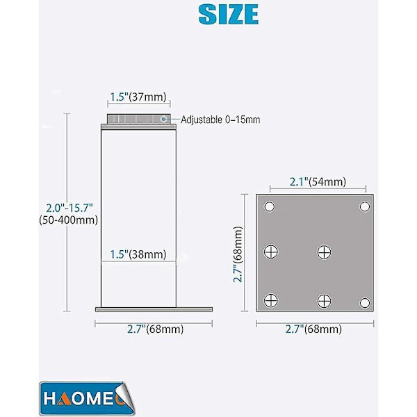 Badeværelsesmøbelben Sæt med 4 Design: Mat Sort Højde: 18cm (+1.5cm) justerbar, 5-40cm valgfri Vinkelform: 3.8 x 3.8cm Materiale: Aluminium S