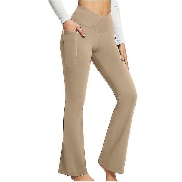 Hög midja Bootcut Yoga byxor med fickor för kvinnor - Tummy Control Workout Leggings M Khaki