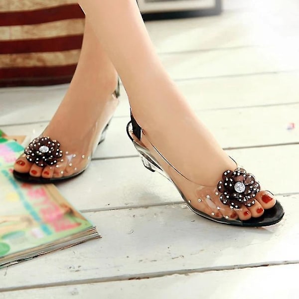 Gennemsigtige Rhinestone Wedge Heel Sandaler med Studded Flower Design37 Rød