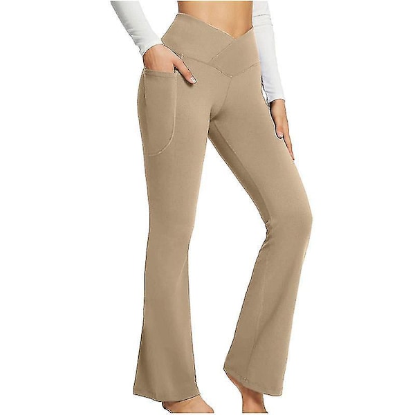 Højtaljede Bootcut Yoga Bukser med Lommer til Kvinder - Tummy Control Workout Leggings L Khaki