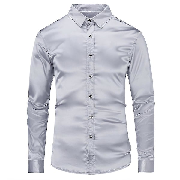 Shiny Gray Men's Slim-fit Long-sleeved Casual Formal Shirt