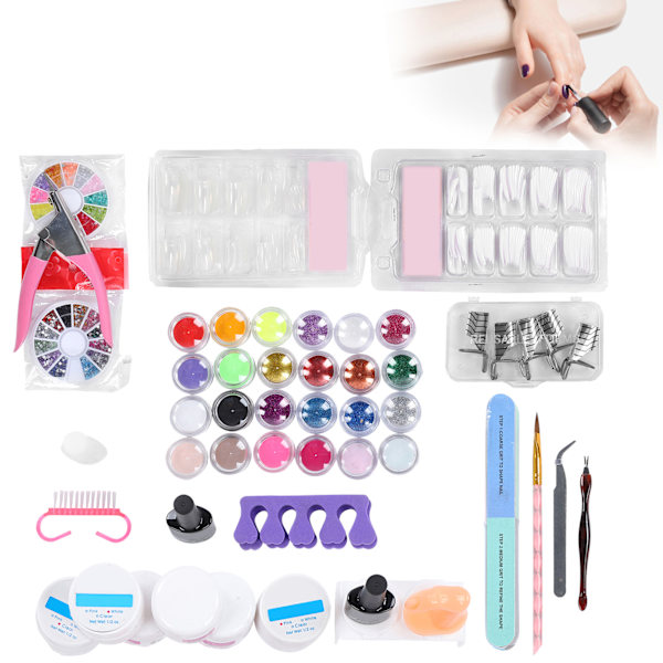 Akrylnaglar Set Glitterpulver Naglar Tips Borste Nagel Manikyr Art Verktyg Kit för Nagelsalong