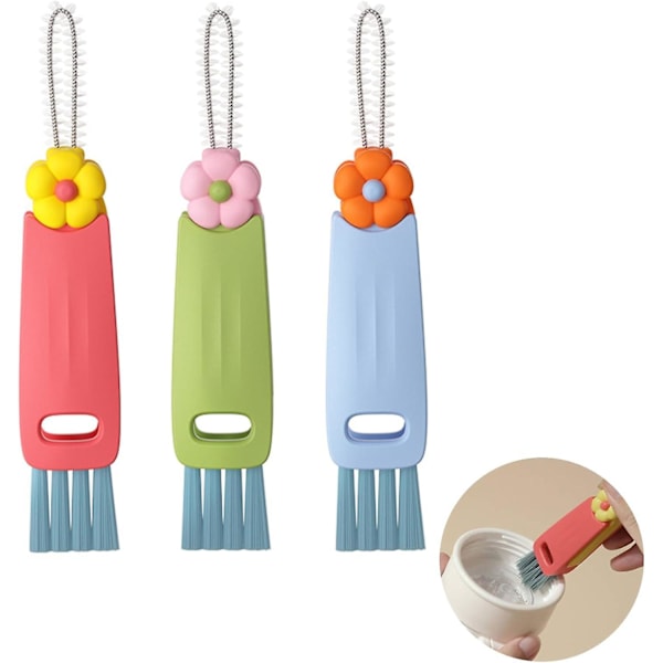 3-pack 3 i 1 Multifunktionell Rengöringsborste, för Mugglock, Vattenflaskor, Tangentbord