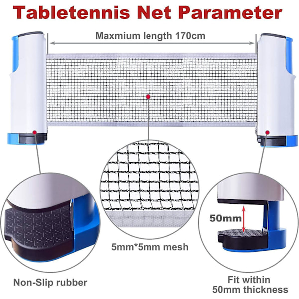 Bærbar, sammenklappelig bordtennisnet - Perfekt til bordtennisbord, skrivebord, køkken eller spisebord (grå-blå, lige kant)