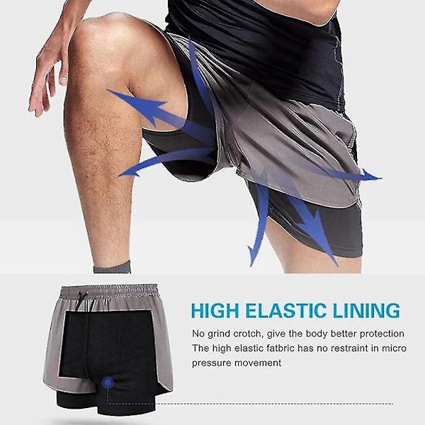 Herrshorts i dubbla lager med snabbtorkande funktion för träning, imitation av 2-delat set, fitness, L, krämvit