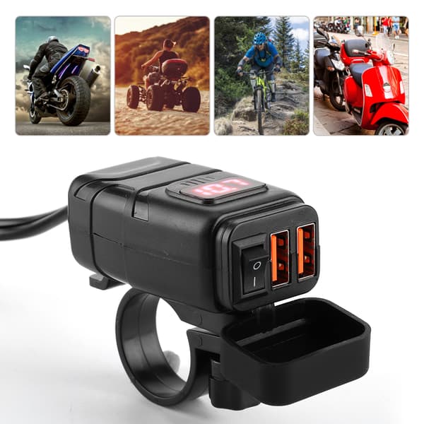 Vanntett Kvadratisk Hode Dobbel USB Telefon Rask Lading QC3.0 Av-Bryter LED Digitalt Display Voltmeter Rød