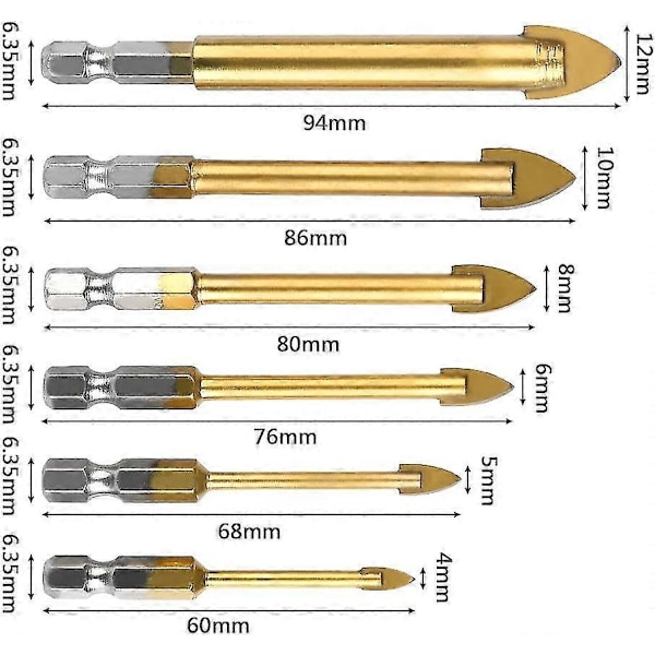 6st Hex Glasborr Kakelborr Med Keramisk Titanbeläggning Borr 4mm/5mm/6mm/8mm/10mm/12mm Borrverktyg -CHJR