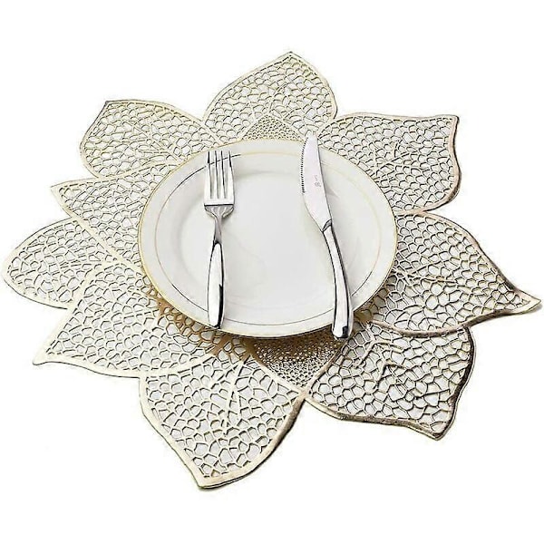 Set med 6 tvättbara bordstabletter, isolerade, blommig stil, PVC, guld, 44*46cm