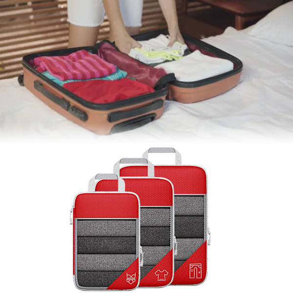 3-pack kompressionsförpackningskubkit Mesh Design Synlig Vattentät Bärbar för Resor Daglig Användning Röd