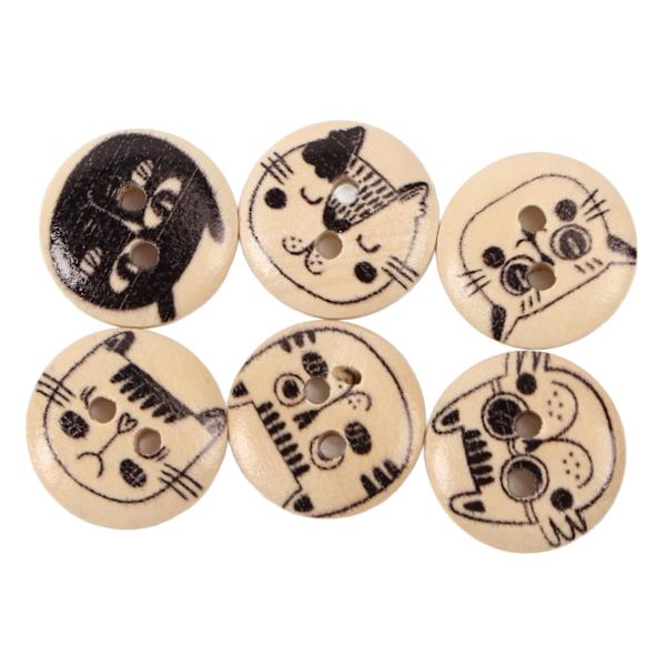500 st träknappar 2 hål runda dekorativa tecknade print Diverse träknappar för barn Klädväska Hantverk 15 mm Originalfärg Black Line Cat