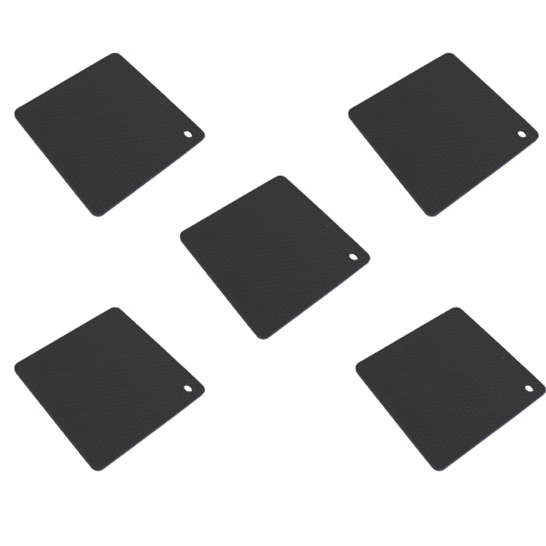5 stk Silikon Gryteunderlag Matte Varmebestandig Antiskli Firkant Honeycomb Trivet Matte Varme Puter for Kjøkkenbenk Svart