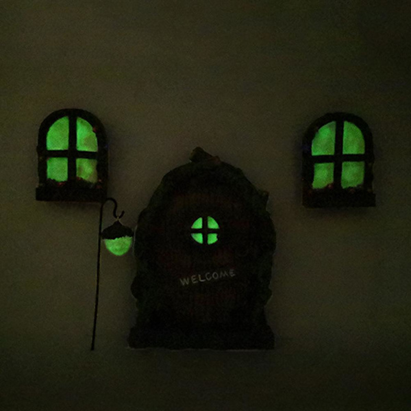 Miniature Fe Hjem Dør Vinduer og Lysekrone Lysende Træ Dekor Kunst Dekorationer I Mørket