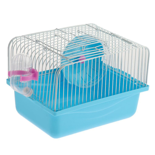 Hamsterin häkin kuljetuslaatikko juoksupyörällä, juomapullolla ja ruokakupilla, sininen