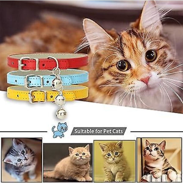 3 Stycken Läderhalsband för Katt - Justerbart Katthalsband med Metallspänne och Bjällra