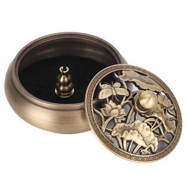 Rökelsebrännare i mässing, legering av metallpinne med lock, buddhistiska tillbehör, rund bottenspis