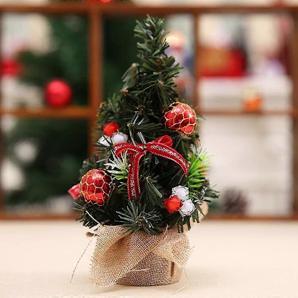 3 stk. Mini Kunstigt Juletræ med Ornamenter - Perfekt Juledekoration til Bordplader og Skriveborde, Lille 20 cm Højt Julefyr T