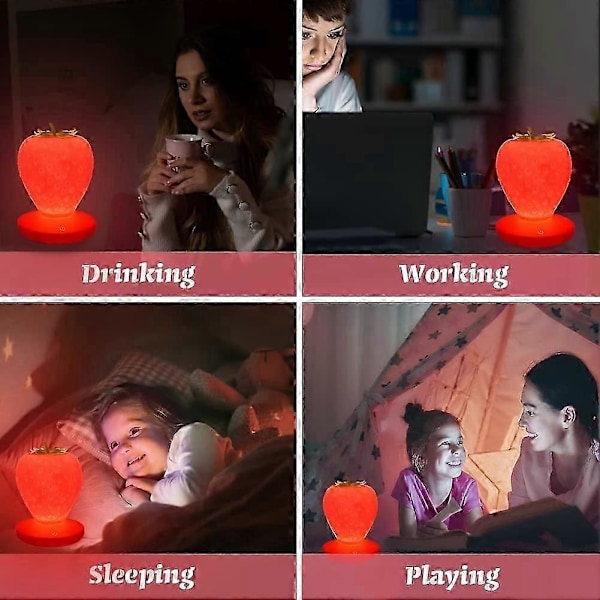 Jordbær Natlampe, Sød Silikone Natlampe, Børne Natlampe, LED Natlampe, USB Genopladelig, 3 Tilstande Touch Kontrol (Rød)_SZXM