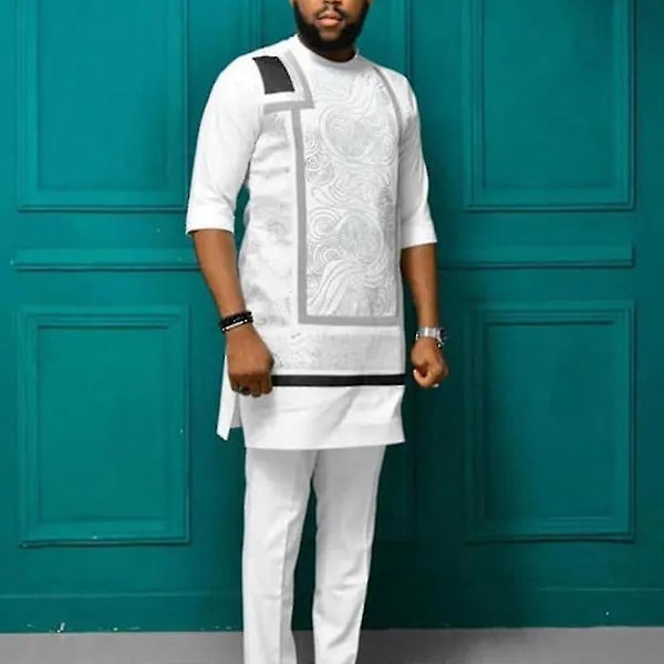 Perinteinen miesten Dashiki-paita ja valkoiset housut - 2-osainen asu 4XL Tyyppi 4