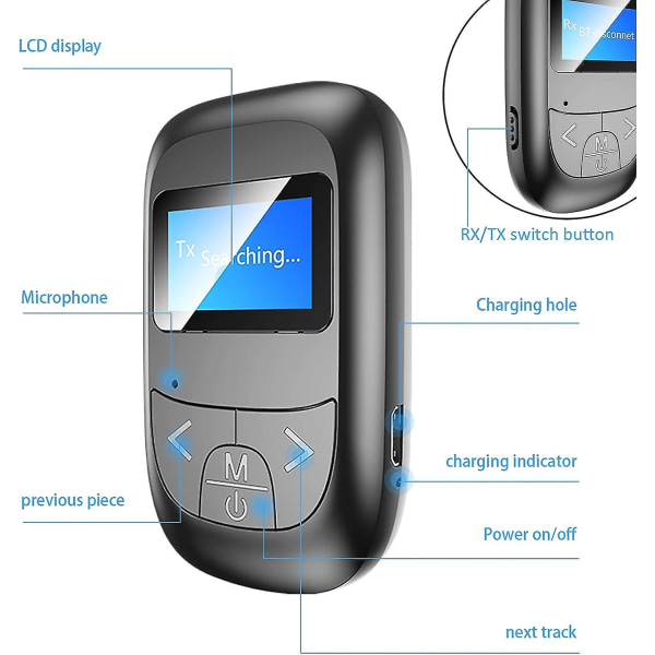 Trådlös Bluetooth 5.0-sändare och mottagare med LED-skärm för bil, TV, PC och högtalare