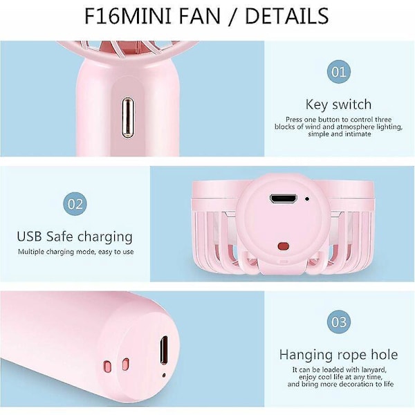 USB-fläktar Mini USB-fläkt, bordsfläkt med 3 justerbara hastigheter, USB-fickfläkt, uppladdningsbar, idealisk för sömn, kontor, resor, etc. (Rosa)