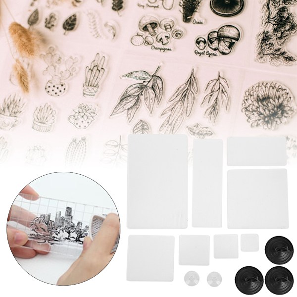 Stempelblokk i akryl, gjennomsiktig med hvite stiplede linjer for scrapbooking, håndverk og stempling