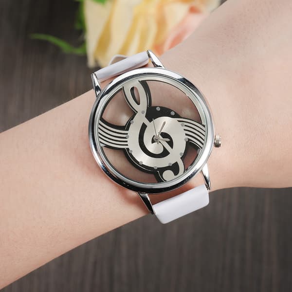 Quartz Analogt Par Klokke Rund Hul Musikknote Skive PU Stropp Armbåndsur (Hvit Stropp)