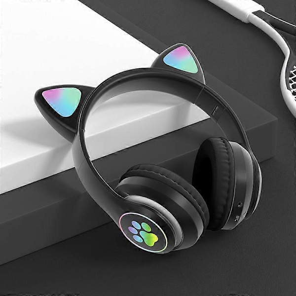 Kissan korvilla varustetut pelikuulokkeet, langattomat nappikuulokkeet LED-stereo kuulokkeet, FM-radio, TF-kortti, MP3-piste Bluetooth-kuulokkeet mikrofonilla (musta)