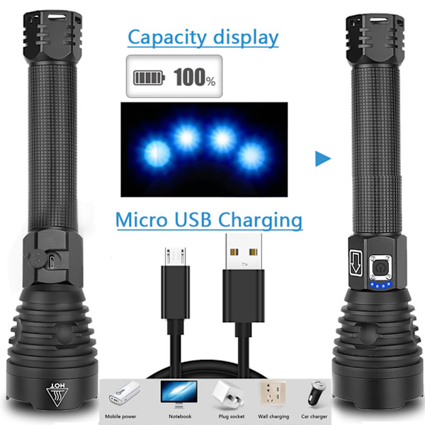 USB-laddningsbar ficklampa Zoom LED Handhållen ficklampa Aluminiumlegering IPX6 Vattentät Arbetslampa