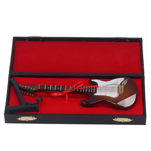 Miniatyr Elgitarr Kaffefärg 7.1in Lång Träbelagd Yta Minigitarrmodell med Hållare Box för Bord