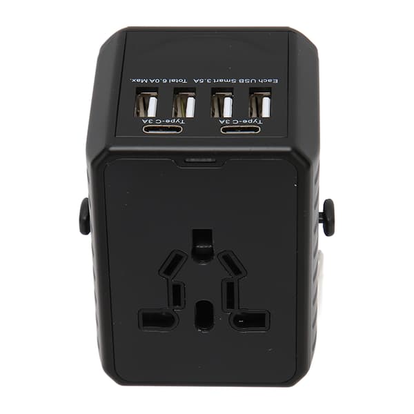 8A Universal Reiseadapter 2 USB C 4 USB A-porter Internasjonal Strømadapter for USA EU UK 100‑240V Svart