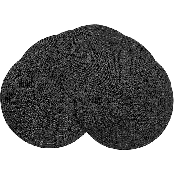 Runde Flettede Bordbrikker Sett med 6 Vaskbare Bomulls Polyester Vevde Runde Bordmatter 38 cm Varmebestandig (Svart, 6)