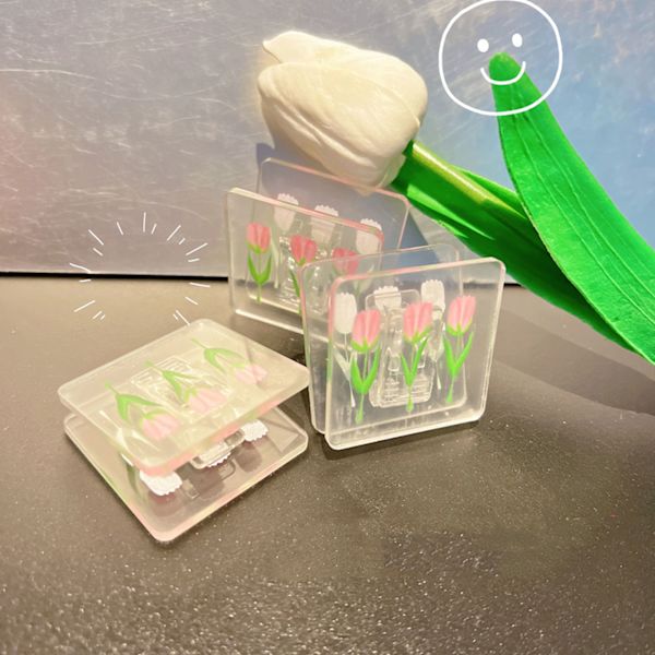 Dubbelsidig fotoklämma i akryl med tulpanmönster, multifunktionell transparent pappersklämma för organisering, rosa