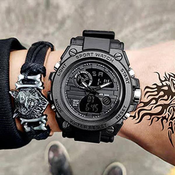 LED Electronic Sports Watch Vattentät Lätt Dual Display Luminous Smartwatch för pojkar Svart